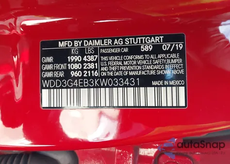 2019 Mercedes-Benz A 220 из США, поврежденный, VIN WDD3G4EB3KW033431